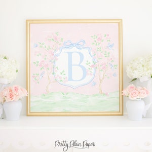 Stampa chinoiserie rosa acquerello / Download stampabile 30x30 / Opera d'arte Grandmillennial / Stemma del fiocco blu / Iniziale monogramma / 5017 5040