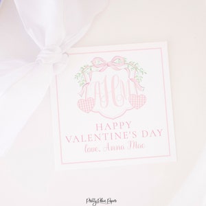 Monogram Crest Valentine Tag | Watercolor Printable Download | Pink Gingham Heart and Watercolor Crest Valentine Tag for School | 1021