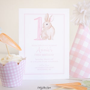 Watercolor Some Bunny is ONE Invitation 1023 | Watercolor Pink Bunny Birthday Invitation for Girl | Pink Bunny First Birthday Invitation