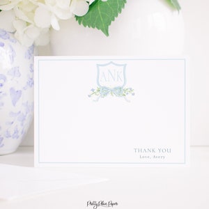 Watercolor Blue Monogram Crest Thank You Card | Monogram Crest with Blue Bow Thank You Card Stationary Printable Download | 1052