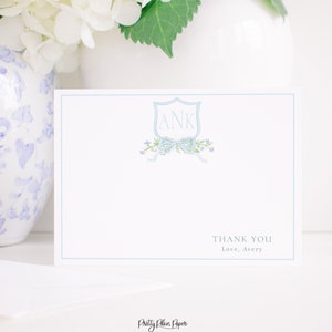Aquarell Blau Monogramm Crest Dankeschön Karte | Monogramm Wappen mit blauer Schleife Dankeschön-Karte stationärer druckbarer Download | 1052