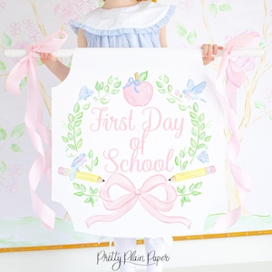 Aquarell Wappen Schulanfang Banner | 24 '' x 24 '' Printable Download | Schulanfang Zeichen | Pink Apple Pencil Crest Schleife | 1055 10551