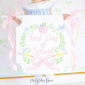 Watercolor Crest Back to School Banner | 24''x24'' Printable Download | First Day of School Sign | Pink Apple Pencil Crest Bow | 1055 10551