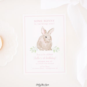 Watercolor Some Bunny is ONE Invitation | Watercolor Pink Bunny Birthday Invitation | Girl Bunny with Bow | Baby Bunny Baby Shower | 5003