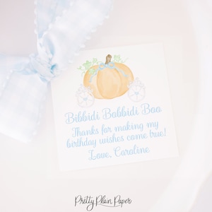 Watercolor Pumpkin Carriage Favor Tag | 3.5x3.5 Printable | Orange and Blue Princess Birthday Invite | Cinderella Blue Bow | 3010