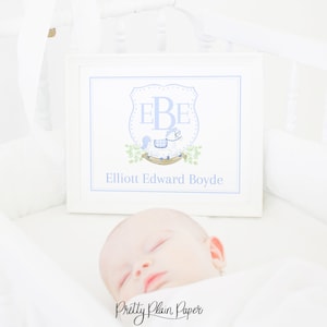 Baby Boy Watercolor Baby Name Sign with Rocking Horse | 8x10 Printable | Hospital Bassinet Newborn Name Card | Blue Monogram Crest |  20005