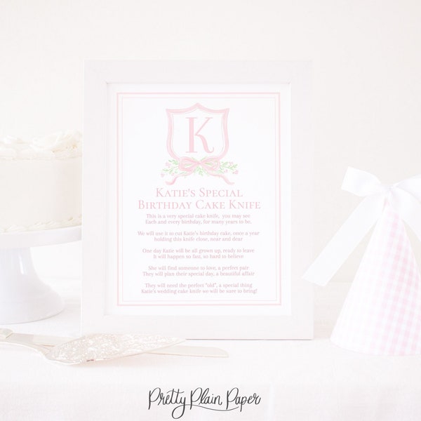 Pink Monogram Crest 'My Birthday Cake Knife' Sign | 1st Birthday | 8x10 Printable | First Birthday Cake Knife Poem for Girl Download | 10001