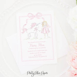 Invitation d&#39;anniversaire de petite fille et de licorne d&#39;aquarelle | Invitation Licorne aquarelle | Invitation rose de licorne | Licornes et nœuds roses 1042