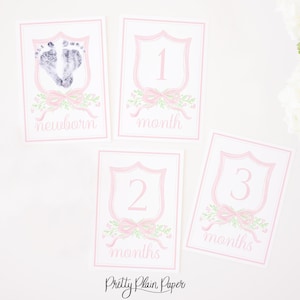 Cartes d'étapes mensuelles | 5 x 7 | Nœud et écusson roses à l'aquarelle | Mes cartes de première année pour les photos de nouveau-né | Imprimable | Classique | 10001