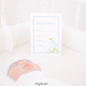 Carte de statistiques de bébé de l'hôpital imprimable | 5x7 | Signe d'annonce de nouveau-né bleu aquarelle avec cigogne | Bienvenue bébé | Accessoire photo frais 48 | 20003