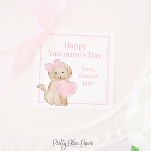 Petit chiot aquarelle avec étiquette Bow Valentine | 3,5 x 3,5 imprimable | Cadeau Saint-Valentin pour l'école | Chiot rose | Chiot Chien avec Coeur Rose 1021
