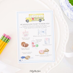 Cuestionario de cosas favoritas del conductor de autobús azul / Imprimible y editable / Acuarela Conozca al conductor de autobús / Encuesta de regreso a la escuela / 1055