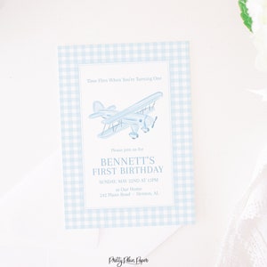 Watercolor Airplane Birthday Invitation | Printable | Vintage Airplane Birthday Invitation | Plane Party for Boy | Blue Gingham  | 3007