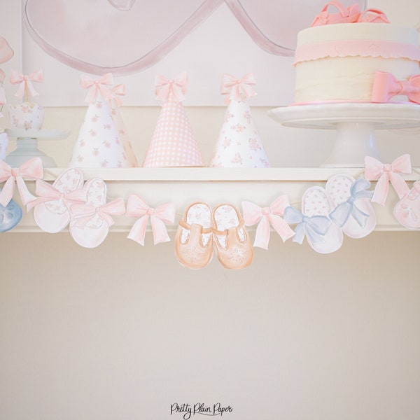 One Two Buckle My Shoe & Pink Bow Party Banner - Watercolor Garland Printable Download 1017 | One Two Buckle My Shoe Party | Shoe Party