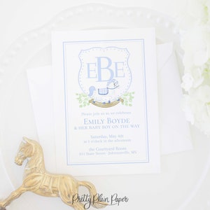 Watercolor Rocking Horse Crest with Monogram Invitation | 5x7 Printable | Rocking Horse Baby Shower Invite | Birthday | Baby Boy | 20005
