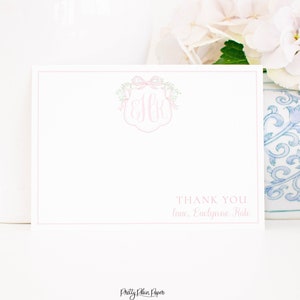 Watercolor Pink Monogram Crest Thank You Card | Monogram Crest with Pink Bow Thank You Card Stationary Printable Download | 1054