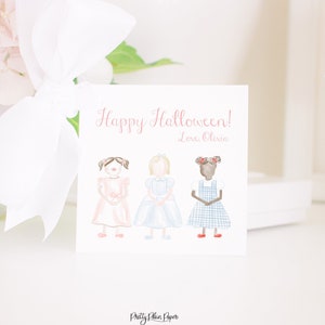Little Girl Trick or Treaters in Costumes Halloween Treat or Gift Tag | Girly Classroom Halloween Tag | Watercolor Printable Download | 1014