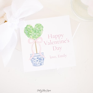 Heart Topiary with Pink Bow and Chinoiserie Planter Valentine Tag | Watercolor Printable Download | Grandmillennial Valentine Tag | 1021