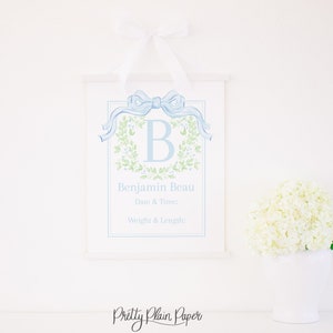 Watercolor Monogram Hospital Door Sign with Wreath & Bow | 8x10 or 16x20 | Initial Wreath with Blue Bow | Baby Boy | Newborn Baby | 20004