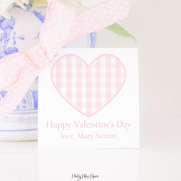 Pink Gingham Heart Valentine Tag | Watercolor Valentine Tag | Printable Download | Pink Heart Valentine Tag | School or Teacher 1021