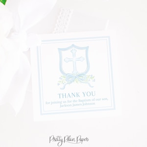 Favor Tag | 3.5x3.5 | Watercolor Baptism Crest Party Favor | Light Blue Baptism | Cross & Bow | Traditional Baby Dedication | for Boy 3001