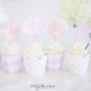 Akvarell rosa och lila snäckskal-muffinsdekorationer | Utskrivbar nedladdning | Lavendel | Sjöstjärna | Lila sjöjungfrufödelsedagsfest | 8001