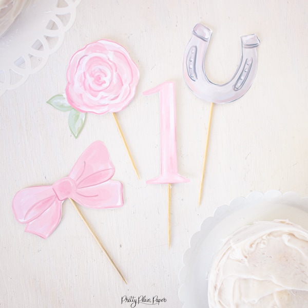 Horseshoe Cake Topper | Pink Bow Cake Topper | ONE Cake Topper | Pink Rose Cake Topper | Printable Download 0106 for a Kentucky Derby Party