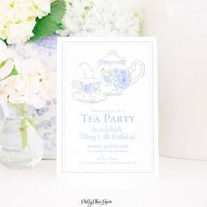 Watercolor Tea Party Invitation | Tea Party Invite | Chinoiserie Pattern | Blue & White Floral Tea Pot and Tea Cup Invitation with Bow  1068