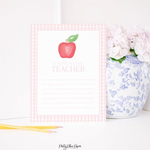 Note d'appréciation des enseignants | Écrire une note manuscrite à l'enseignant | Papeterie imprimable | Papeterie de professeur Vichy rose aquarelle | 1055