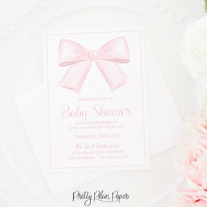 Pink Bow Baby Shower Invitation | Watercolor Pink Bow Theme Baby Shower | Girl | Pretty Baby Shower Invitation | Girly Baby Shower 1017 5007