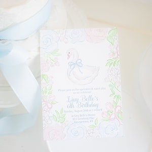 Watercolor Swan Theme Birthday Invitation | 5x7 Printable | Pretty Pink and Blue Swan Birthday or Baby Shower Invite | Blue Bow | 5019