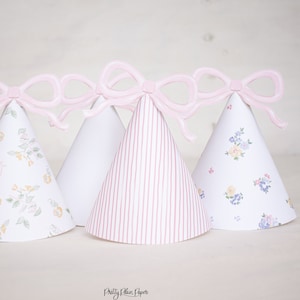 Baby Doll Party - Floral Pattern, Stripe, and Bow Watercolor Printable Party Hats Download 0102 1078