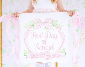 Watercolor Crest Back to School Banner | 24''x24'' Printable Download | First Day of School Sign | Pink Crest with Bow for Girl | 1055 10553