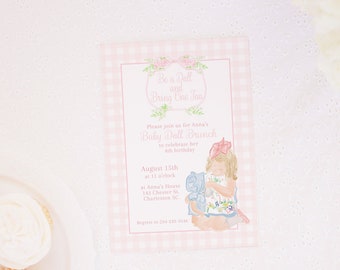 Watercolor Baby Doll Invitation | Pink Crest and Dolly Invitation with Pink Gingham | Baby Doll Birthday Party Theme Invite Doll Brunch 0102