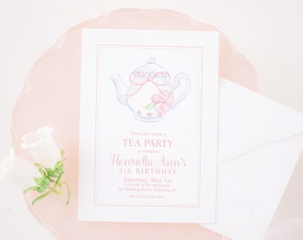 Invitación a la fiesta del té en acuarela / Invitación a la fiesta del té / Patrón chinoiserie / Tetera floral rosa y blanca e invitación a la taza de té con lazo 1068