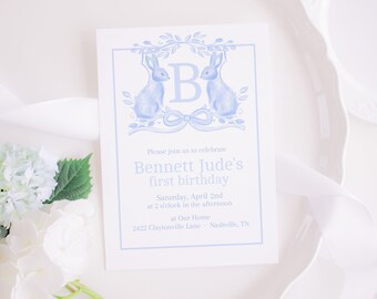 Watercolor Bunny Crest with Monogram Birthday Invitation | Monogram Crest | Blue Bunny Invitation | Bunny First Birthday Invitation | 1080