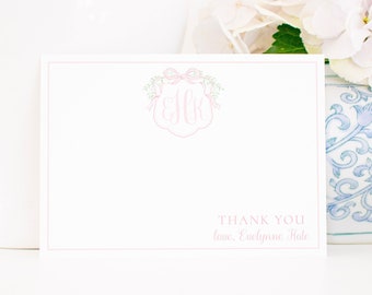 Watercolor Pink Monogram Crest Thank You Card | Monogram Crest with Pink Bow Thank You Card Stationary Printable Download | 1054