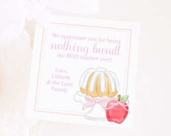 Teacher Appreciation Tag | 3.5&#39;&#39;x3.5&#39;&#39; Printable | Bundt Cake | Teacher Appreciation Gift Tag | Girl | Pink Bow and Cake with Apple | 1055
