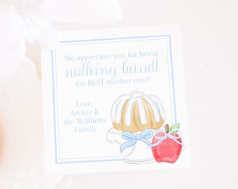 Teacher Appreciation Tag | 3.5&#39;&#39;x3.5&#39;&#39; Printable | Bundt Cake | Teacher Appreciation Gift Tag | Boy | Blue Bow and Cake with Apple | 1055