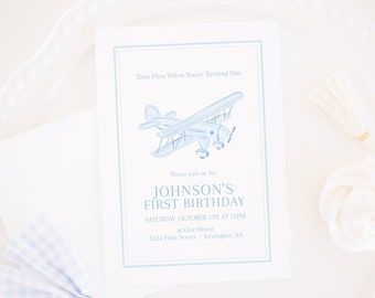 Watercolor Airplane Birthday Invitation | Printable 5x7 | Vintage Airplane Birthday Invitation | Plane Party for Boy | Blue and White | 3007