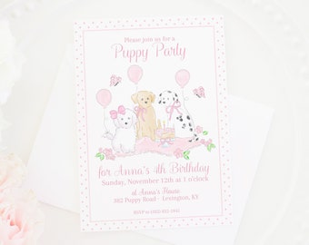 Uitnodiging | Puppy-verjaardag | 5x7 afdrukbaar | Aquarel puppy partij uitnodigen | Roze puppyfeestje met strikken en ballonnen | Hond Paw-ty | 5023