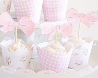 Watercolor Pink Bow Printable Cupcake Toppers Download 1017 | Etsy
