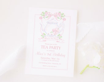 Invitación / Cresta de la fiesta del té rosa / 5x7 imprimible / Tetera de acuarela / Invitación a la fiesta del té / Cresta de la acuarela / Floral rosa con lazo / 1068
