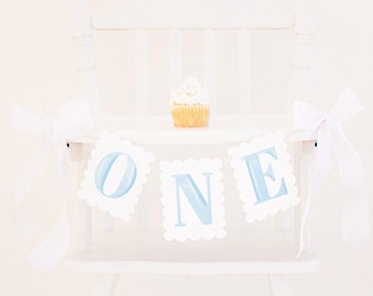 Light Blue Watercolor ONE Scallop Edge High Chair Banner | Printable Download | Watercolor ONE High Chair Banner | First Birthday 3000 3002