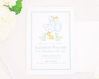 Watercolor Blue Stork Baby Shower Invitation Printable | 5x7 | Simple Blue Stork Invite | Classic Stork Theme Baby Shower | Baby Boy | 20003