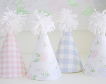 Watercolor Pink and Blue Gingham with Floral Party Hats | Printable | Pretty Pink and Blue Swan Birthday | Pink Roses & Blue Flowers | 5019