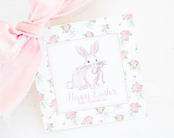 Étiquette de Pâques | Lapin blanc avec noeud rose et imprimé floral | 3,5 x 3,5 pouces imprimable | Étiquette-cadeau Joyeuses Pâques à l'aquarelle | camarade de classe | 1022