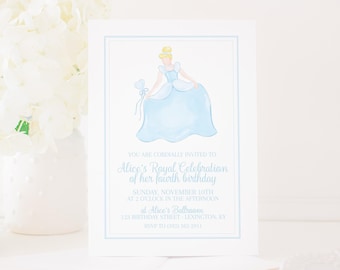May include: A blue and white invitation card with a watercolor illustration of Cinderella in a blue dress. The text on the card reads "You are cordially invited to Alice's Royal Celebration of her fourth birthday. Sunday, November 10th at 2 o'clock in the afternoon at Alice's Ballroom 123 Birthday Street Lexington, KY RSVP to (859) 322-2911 Pretty Plain Paper."
