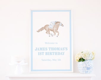 Light Blue Watercolor Race Horse Jockey Welcome Sign | 24x36 Printable | Derby 1st Birthday Party | Blue Gingham | Kentucky Derby Party 0106