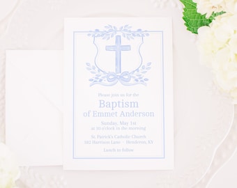 Watercolor Crest Baptism Invitation with Cross in Blue | Classic Traditional Blue & White Baptism Invitation | Baby Dedication for Boy  2006